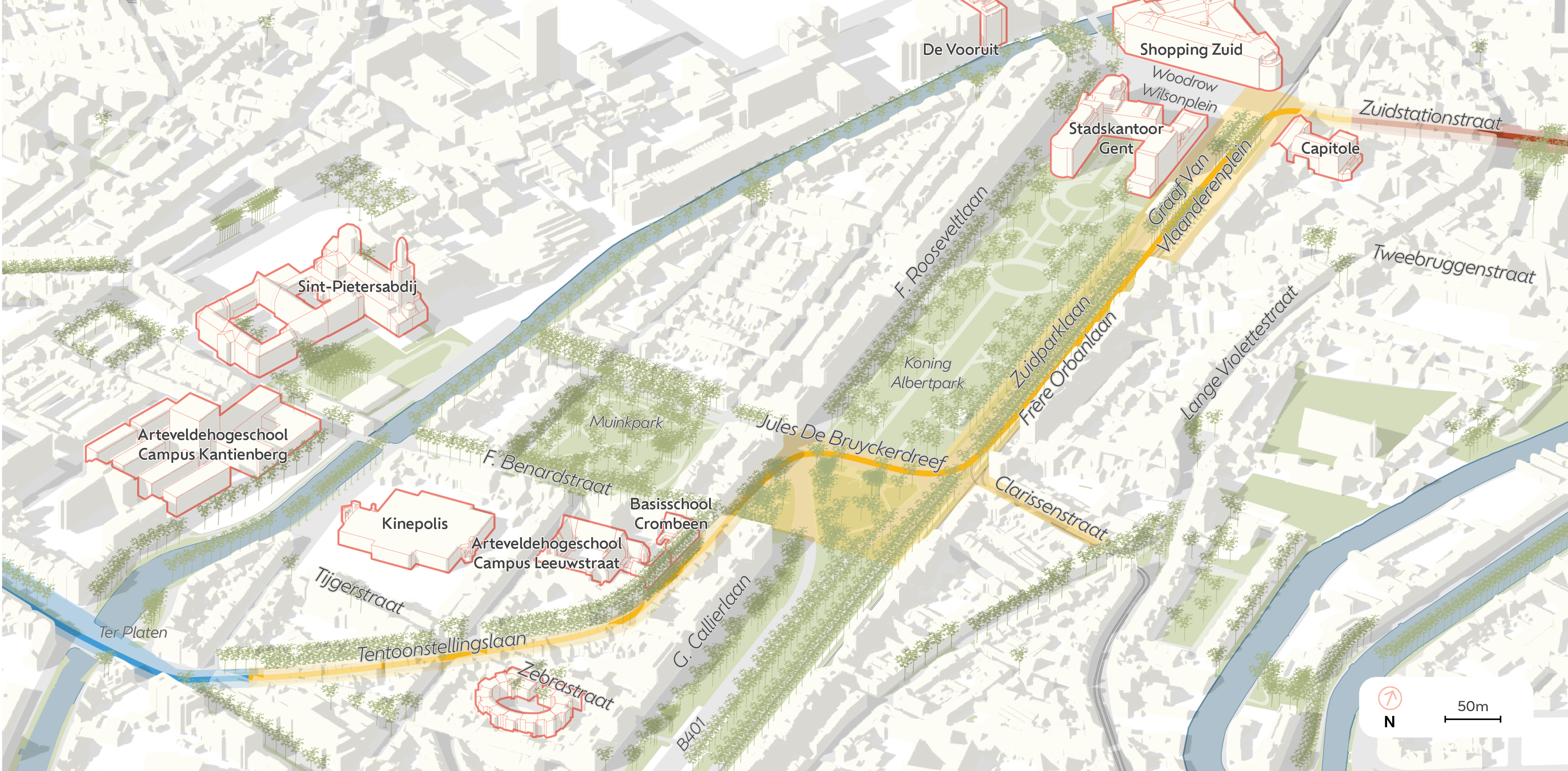 2025-10-30_Gentspoort_Kaartmateriaal-zones_Boekdelen_ZONE 3-Tentoonstellingslaan-Zuid (zonder nummers)